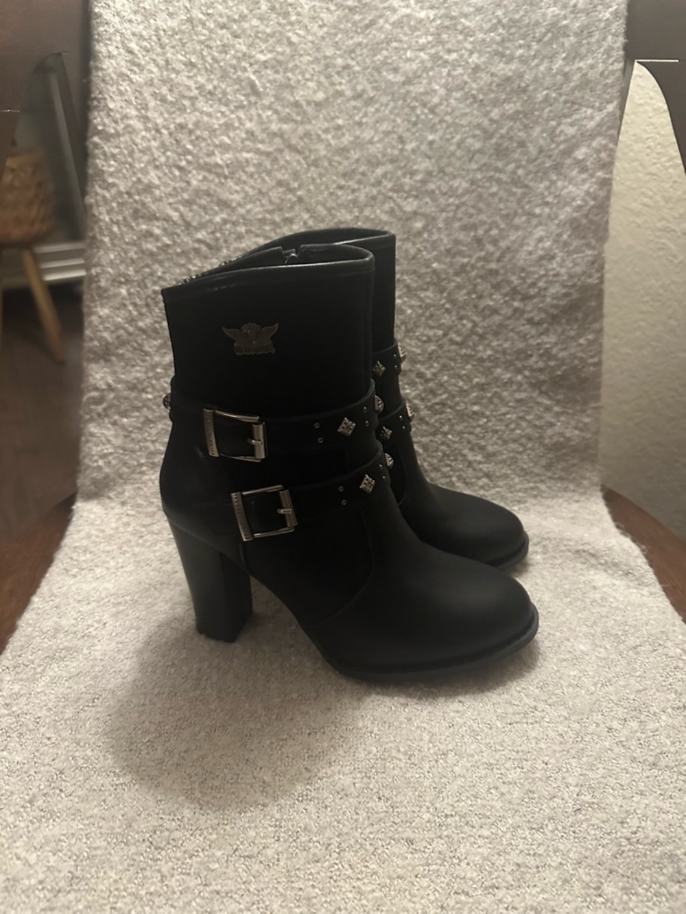 New Milwaukee Leather Black Women's High Heel Ankle Boots with Buckle Straps